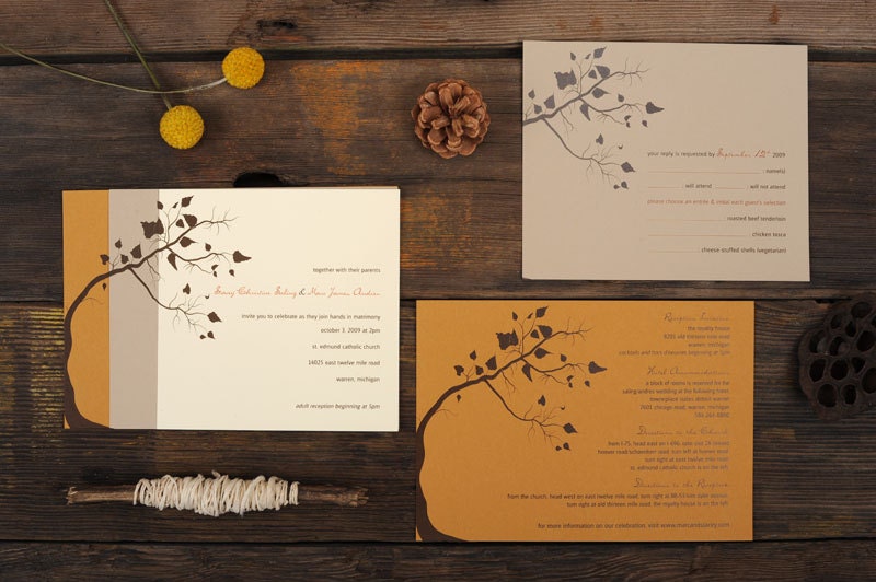 Fall Wedding Invitations - Tree Leaves Autumn Warm Orange Brown Invite