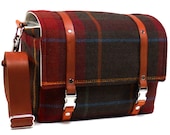 Medium camera messenger bag with leather strap  - dark red plaid
