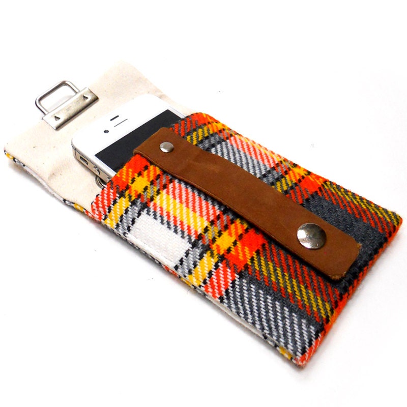 iPhone 3 or 4 sleeve - orange and gray vintage plaid