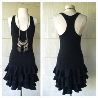 VINTAGE 80s BLACK racer-back tiered spandex mini dress