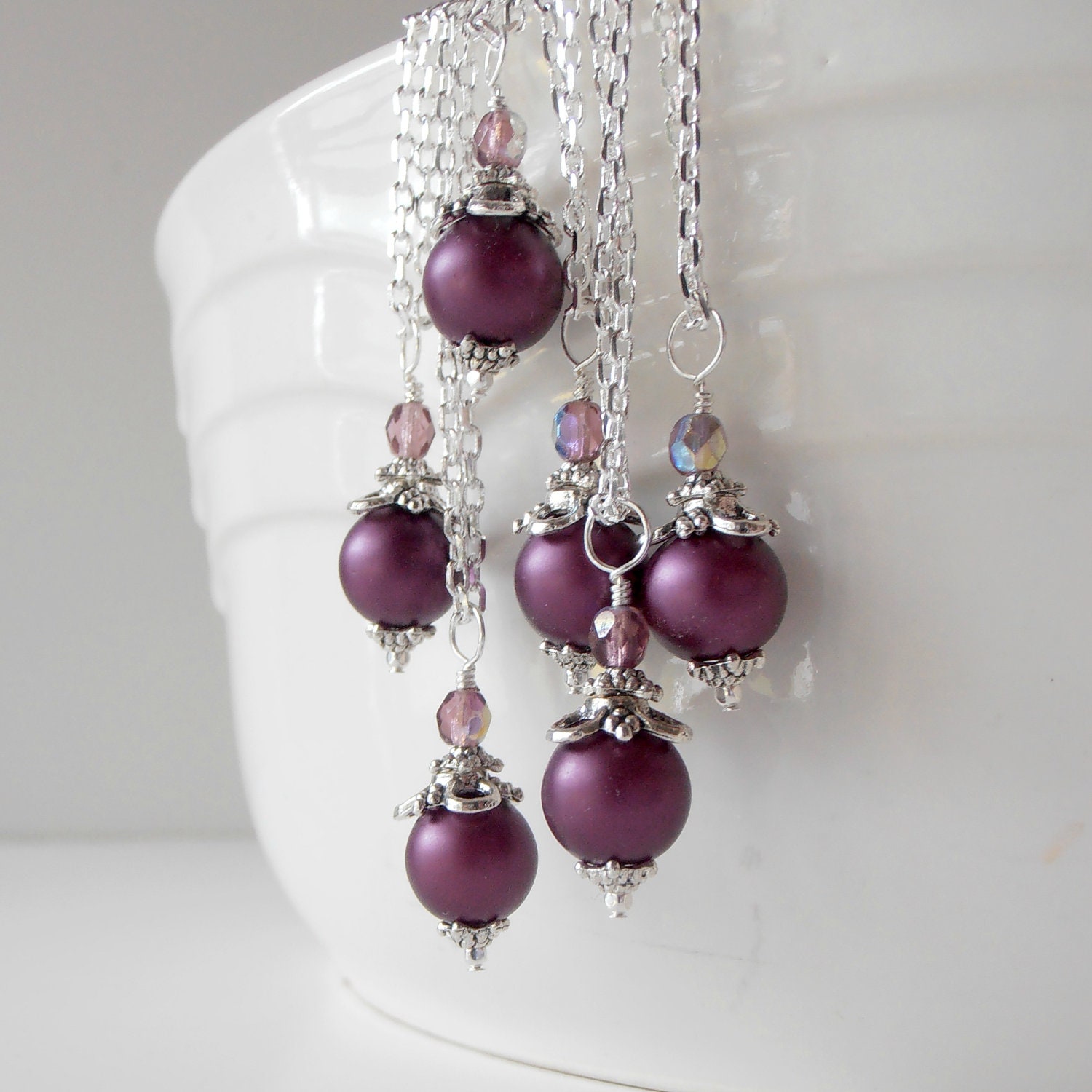 Plum Bridesmaid Jewelry Plum Pearl Necklaces Pearl Pendant in Silver Purple Bridesmaid Necklace Plum Bridal Party Jewelry Handmade