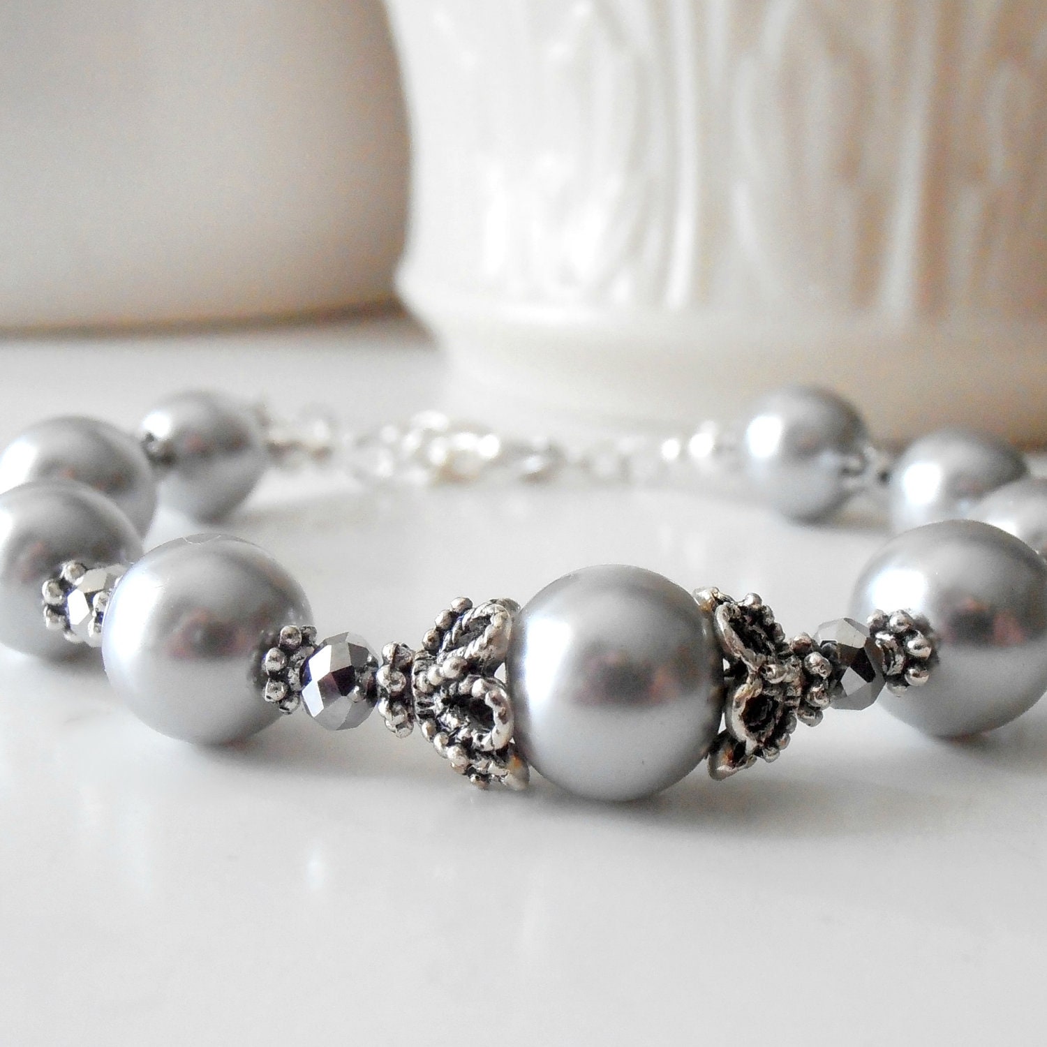Bridesmaid Jewelry Grey Pearl Bracelet Vintage Style Antiqued Silver Pearl Wedding Jewelry Handmade Bridesmaids Bracelets