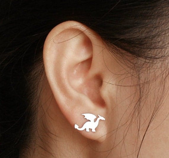 dragon earring studs in sterling silver, handmade in the UK by Huiyi Tan