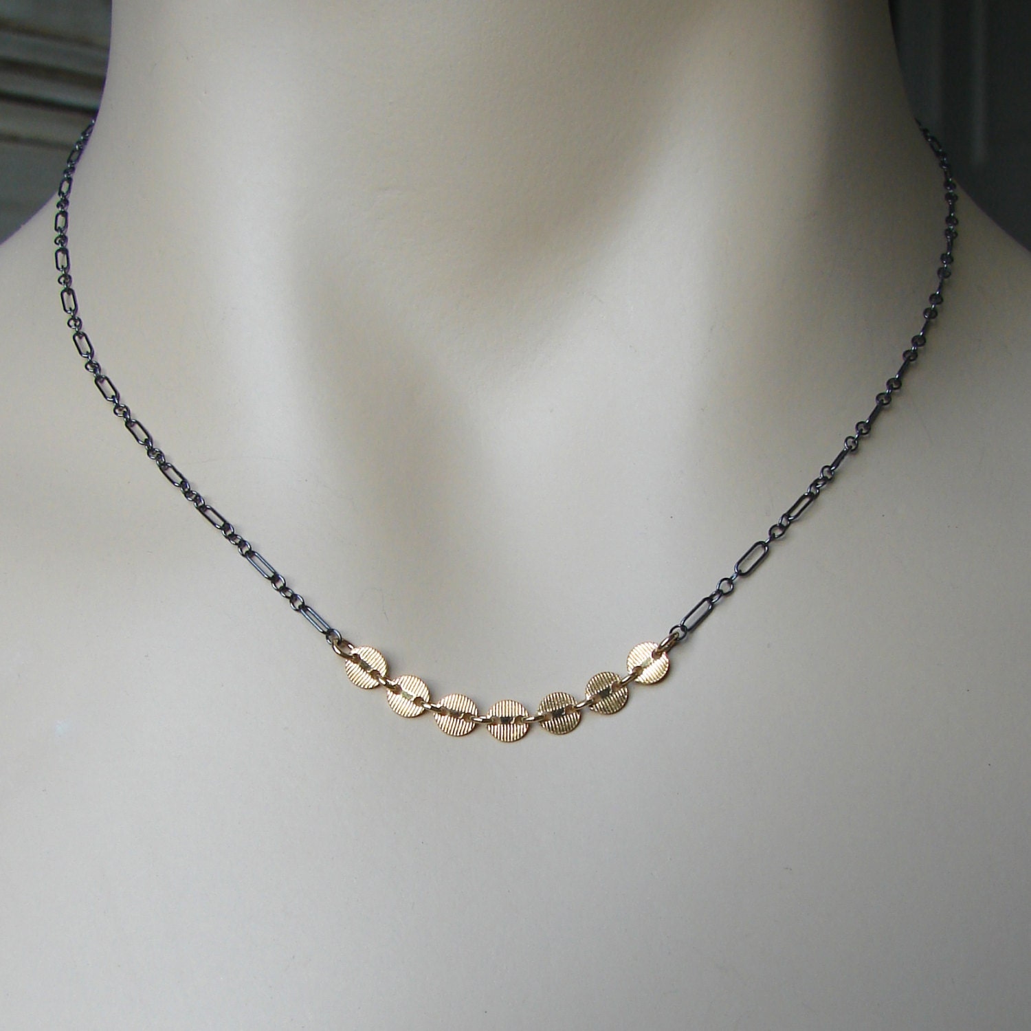 Oxidized Sterling and Gold Disc Necklace