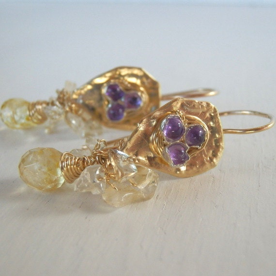 Protection Pendant Earrings with Bezel Set Amethyst and Citrine Gemstone
