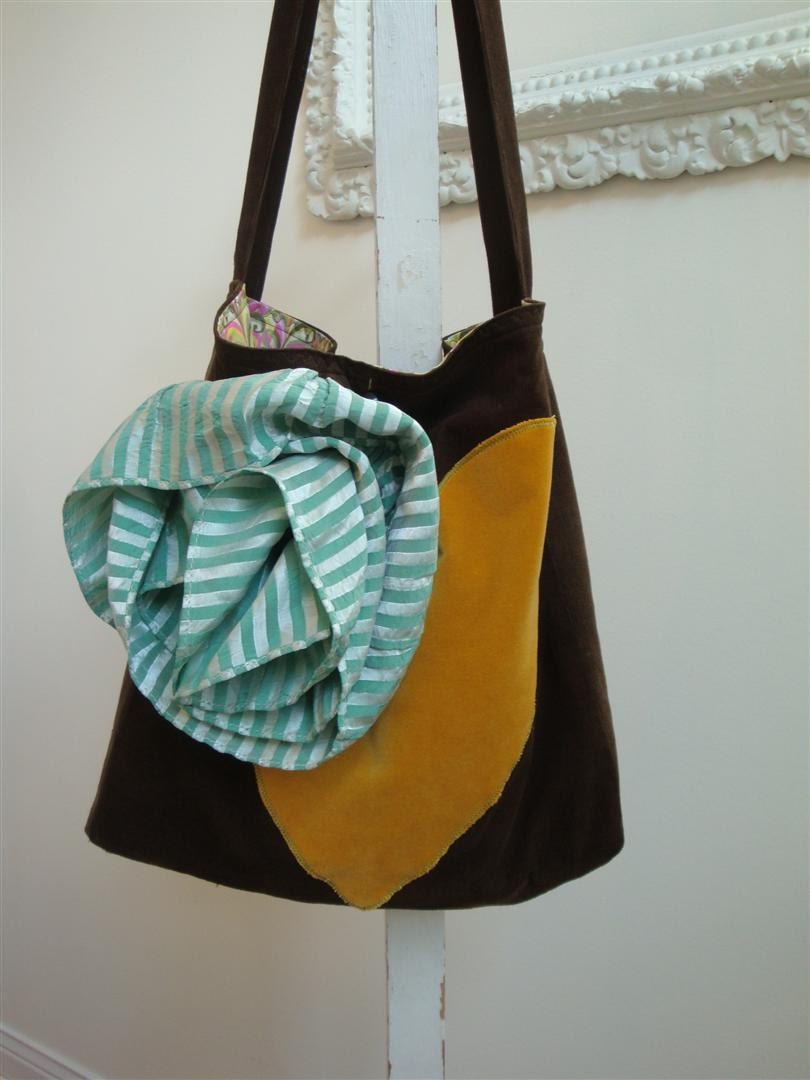 Gypsy Tote Handbag with Mustard Velvet Heart vintage flower Lollibag