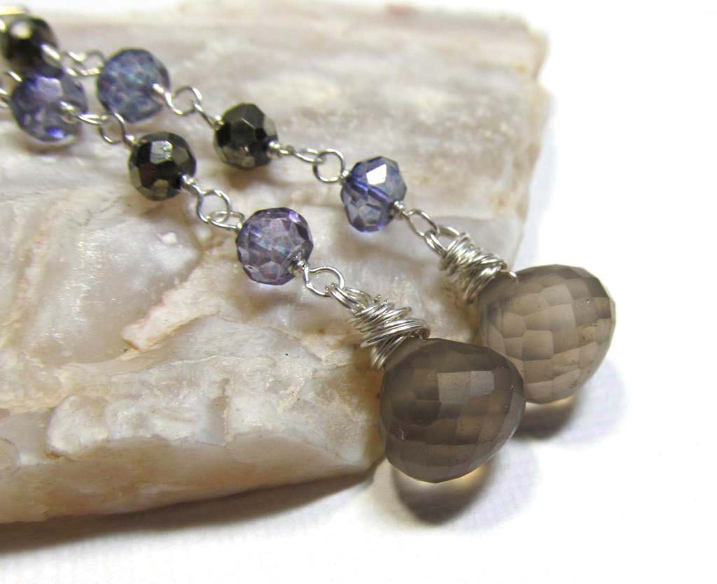 Sterling Silver Gemstone Dangle Earrings with Frosted Smoky Quartz, Pyrite, and Mystic Blue Quartz