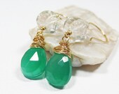 14k Gold Filled Gemstone Dangle Earrings with Rock Crystal Quartz and Emerald Green Chalcedony