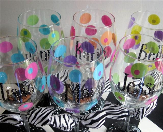 Bridesmaid Wine Glasses Personalized Set/6 Dotty Design