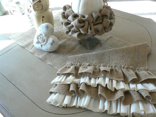 Cottage Chic  Burlap Table Runner with Ruffles