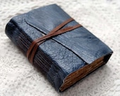Blue Bayou - Distressed Blue Leather Journal, Tea Stained Pages, Vintage Sheet Music & Vintage Ticking Fabric