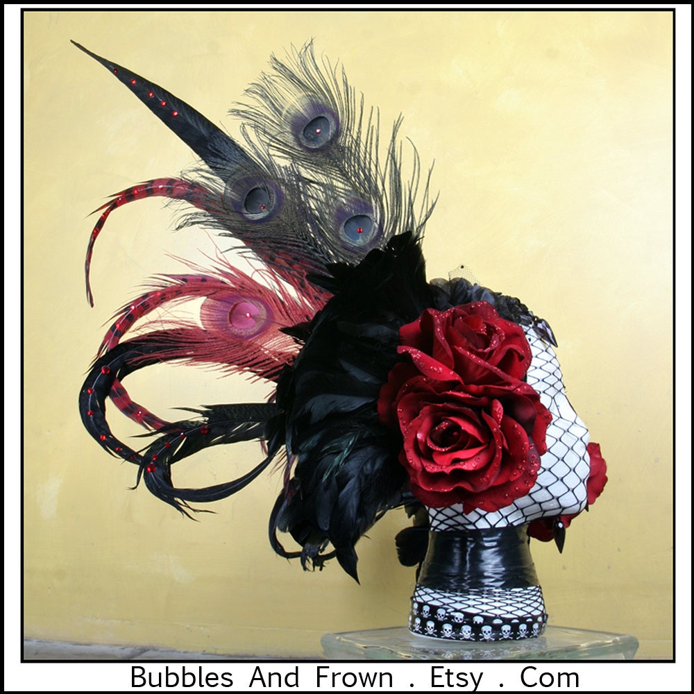 Deep Red Romance.... Feather Headband in Black and Deep Red