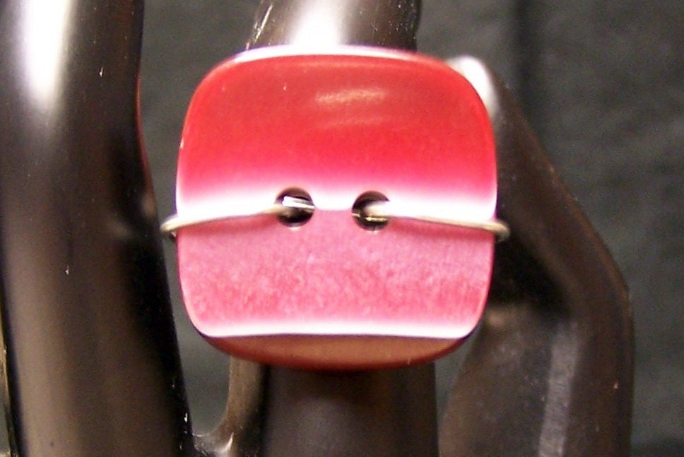 SALE - Red Striped Button Wire Wrapped Ring