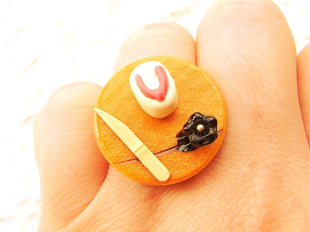Japanese Food Ring  Wagashi Traditional Japanese Sweet Miniature Food Jewelry Black Flower