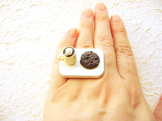 Coffee Ring Miniature Food Jewelry Coffee And A Chocolate Cookie