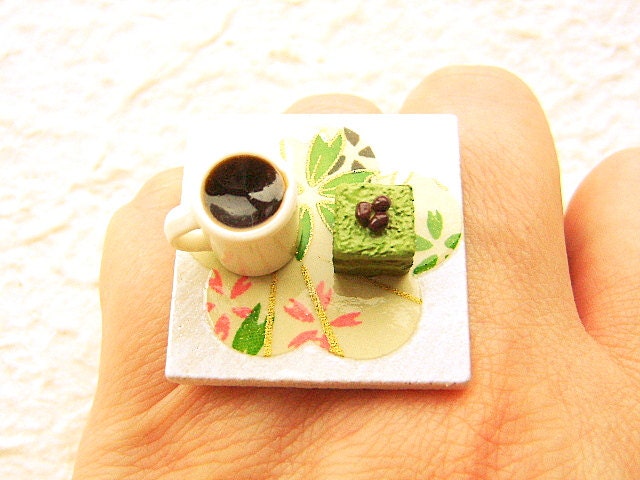 Coffee Ring Miniature Food Jewelry Coffee And Matcha Cake Chiyogami Plum Blossom