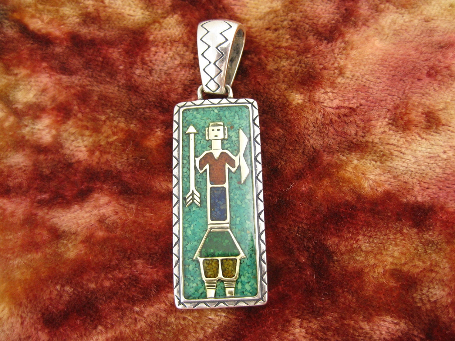 Pendant - Sterling Silver - Rectangle Shape - Native American Figurine - Mosaic Green Turquoise - Red Coral -  Green - Patterned Boarder