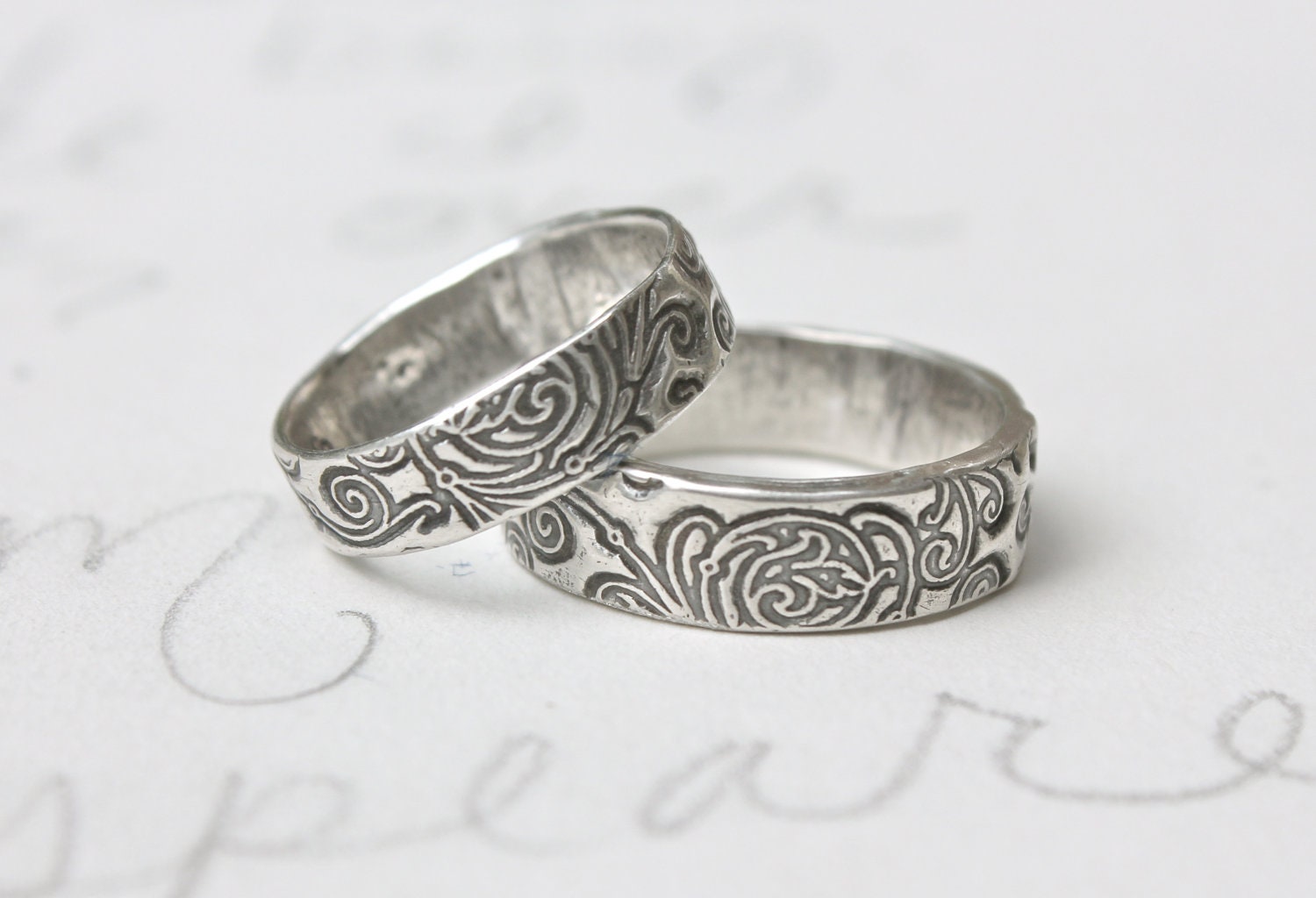 recycled silver wedding band set . scroll engraved once upon a time ring . recycled silver swirl wedding ring set by peacesofindigo