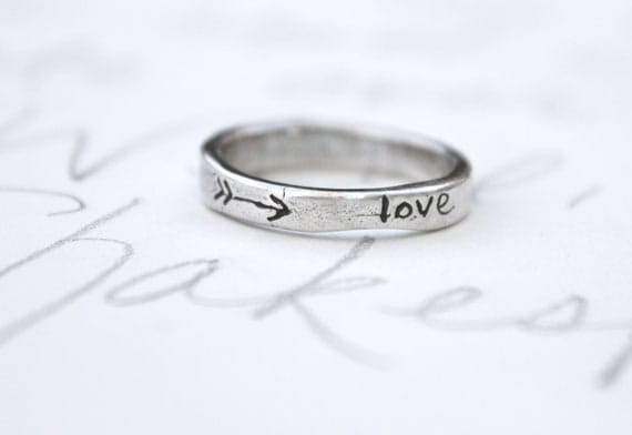 skinny silver wedding ring with arrow . recycled silver wedding band . love heart ring . silver stacking band by peacesofindigo