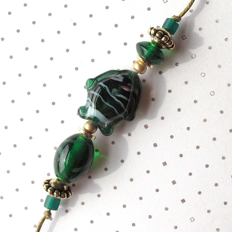 Beaded Garden Chime: Windchime with Emerald Green Glass Fish Beads. Brass Bell