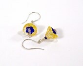 Flower Earrings, Yellow and Blue, Small Earrings, Sterling Silver