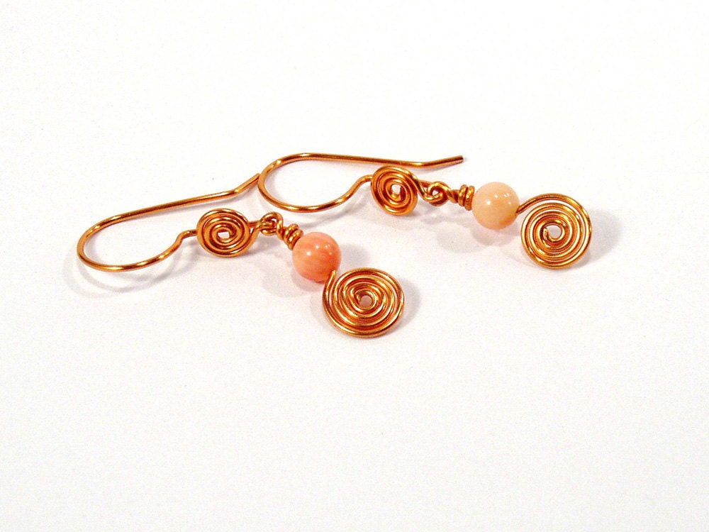 Pink Coral Earrings, Copper Spirals, Artisan Earrings, Spiral Earrings