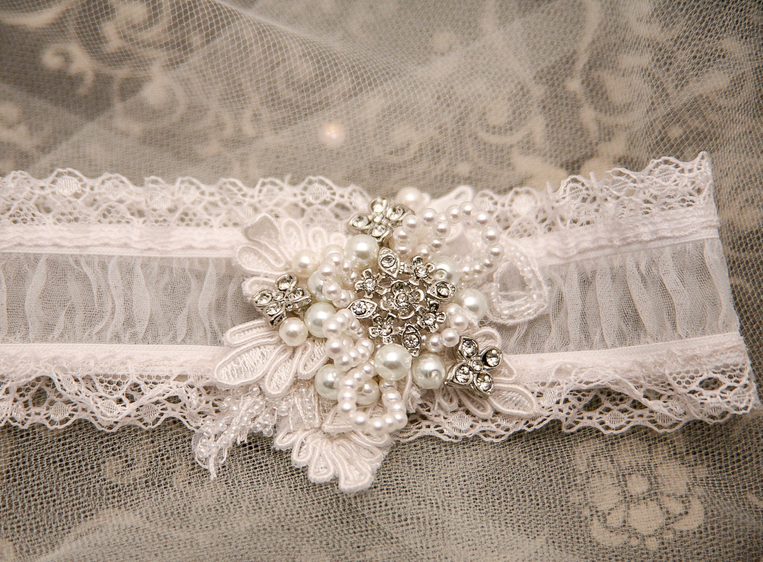 shear wedding garter with lace pearls and rhinestones, bridal garter
