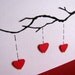 Heart Strings on Branch. Mothers Day Card on Textured White Linen. Your Colour Choice and Number of Hearts