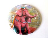 Pocket Mirror "Senora Beatriz, el elefante rosa" 2 1/4" Round Mirror - Circus Performer Hot Pink Elephant Teal Blue and Yellow