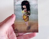 ACEO/ATC Mini Fine Art Print "My Fishy Friend" Artist Trading Card 2.5x3.5 - Lowbrow Art Little Girl and Angler Fish Soft Green Light Blue
