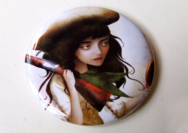 Annie Oakley Cowgirl Pocket Mirror "The Little Sharpshooter" Sureshot Girl with Rifle Shooting Playing Cards Round 2 1/4"  Mirror With Bag