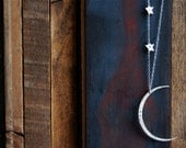 Seeing The Dark Side of the Moon Necklace with Two Stars and Custom Initials- Large Hammered Crescent Moon Shape - SoulPeaces