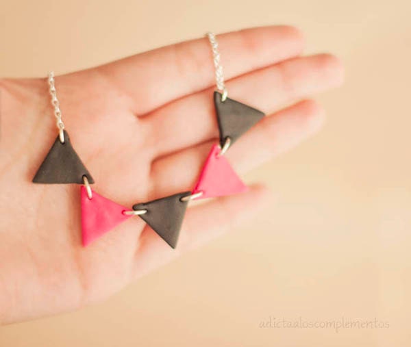 Necklace Garland Raspberry-Black  . Beauty and Geometric Triangle Bunting Necklace Vibrant tones