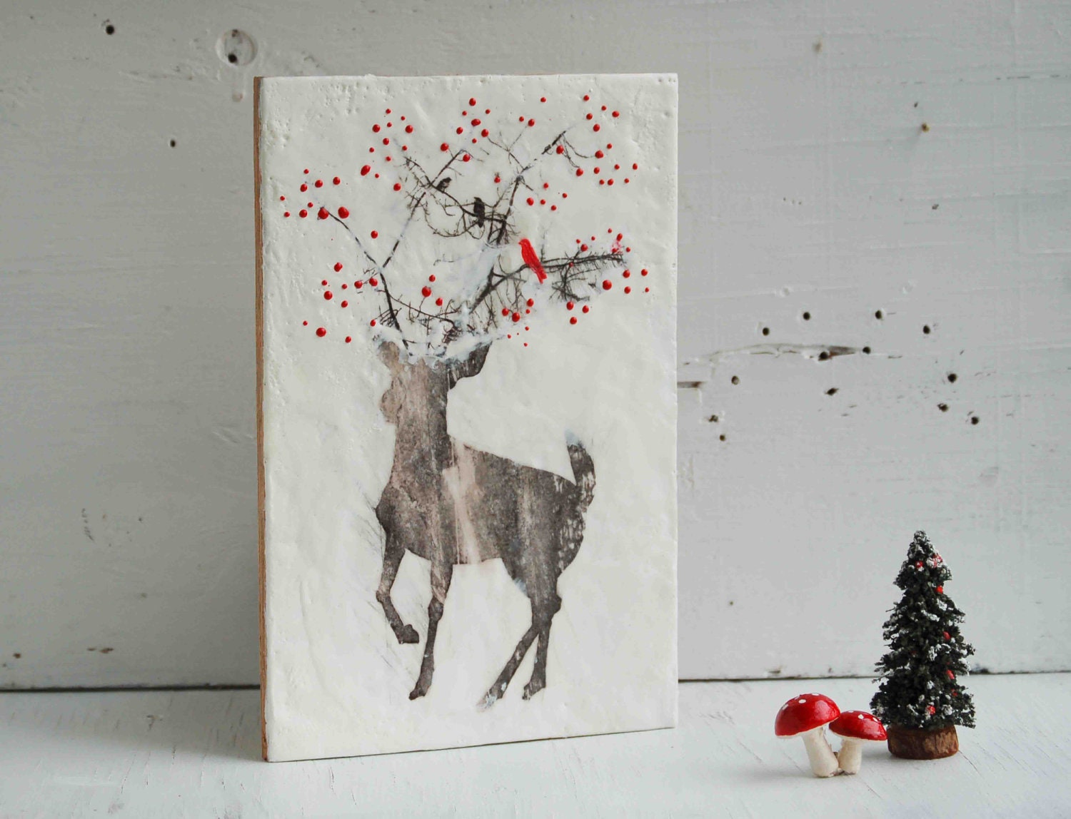 Holiday DEER Original Encaustic Painting RED Berries RED Bird Christmas Snow