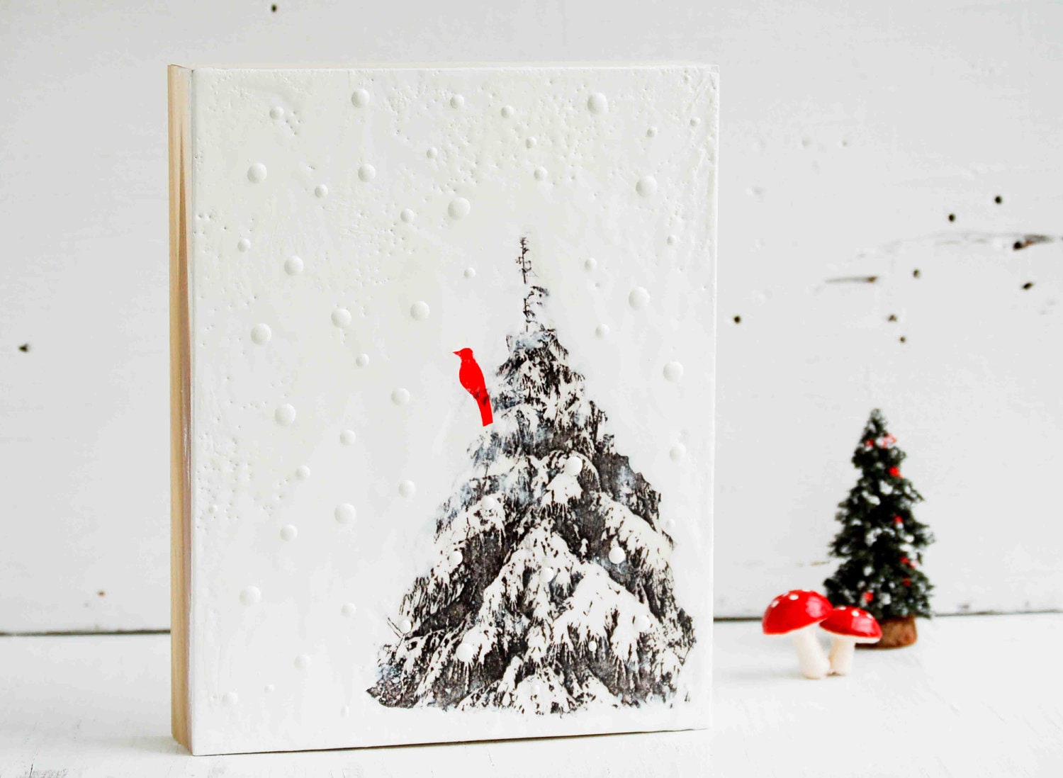 RED BIRD White TREE in Winter  Original Encaustic Painting