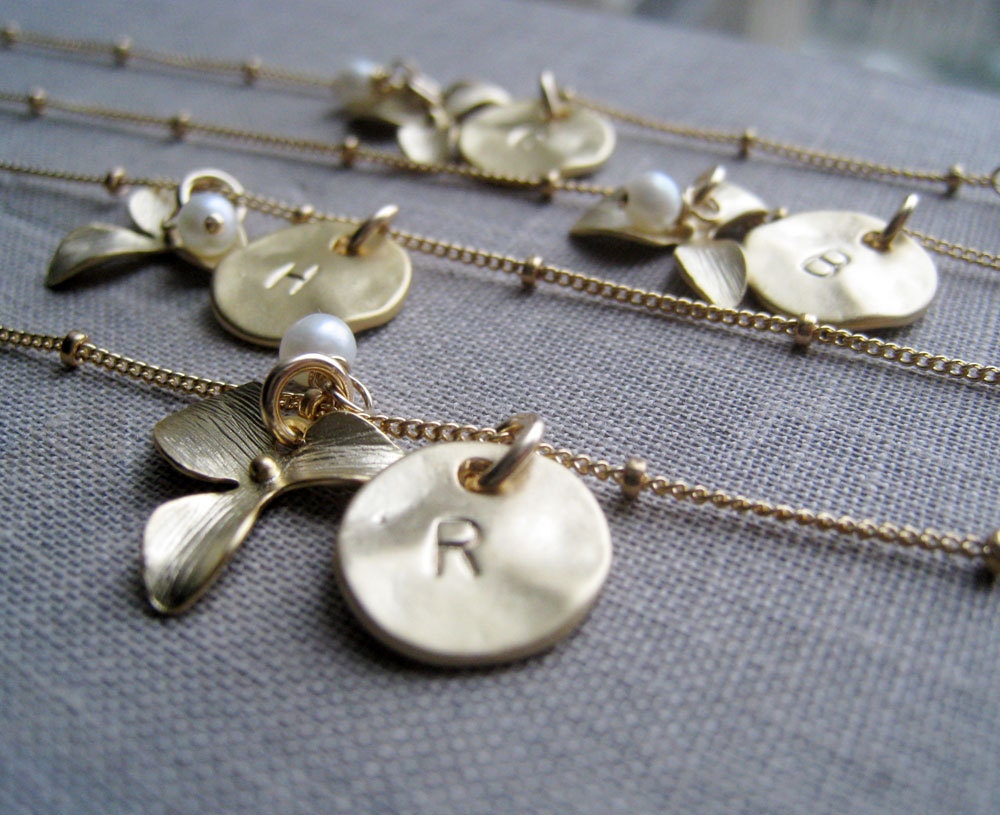 set of 4 bridesmaid jewelry, Initial and orchid bracelet, bridesmaid birthstone & initial bracelets, Personalized gift