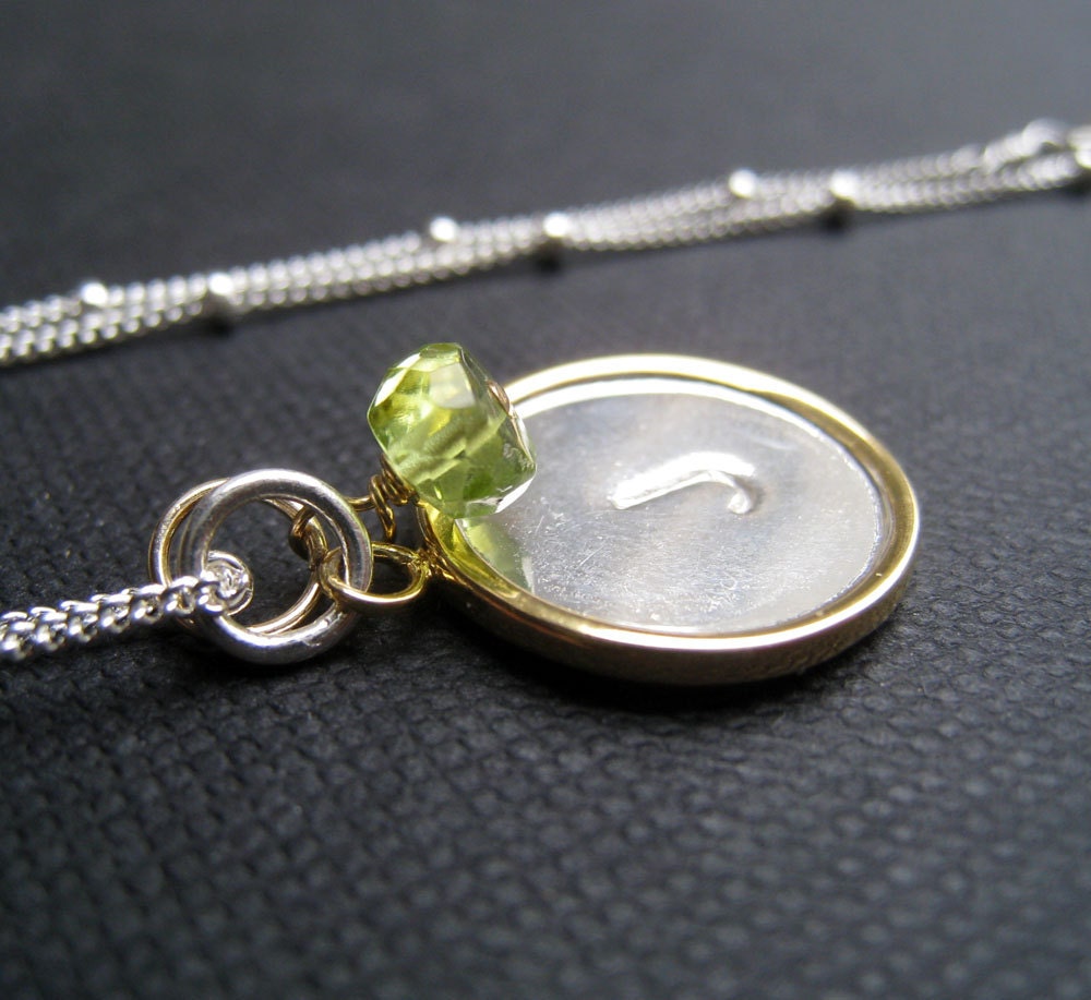 Initial disc necklace, monogram necklace, initial and birthstone, mixed metal disc, silver satellite chain