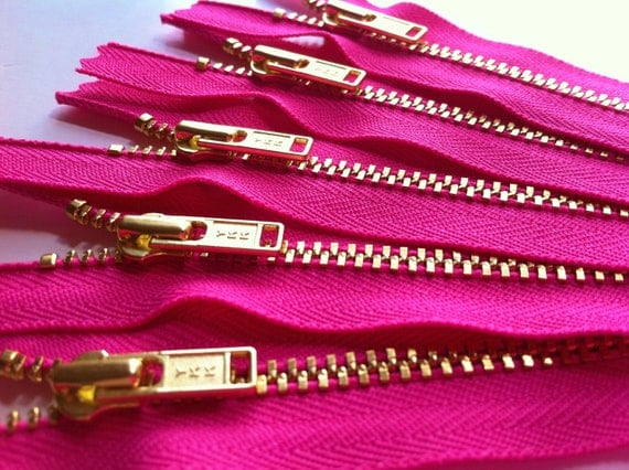 Brass Zippers- 8 inch closed bottom ykk metal teeth zips- (5) pieces - Hot Pink 516