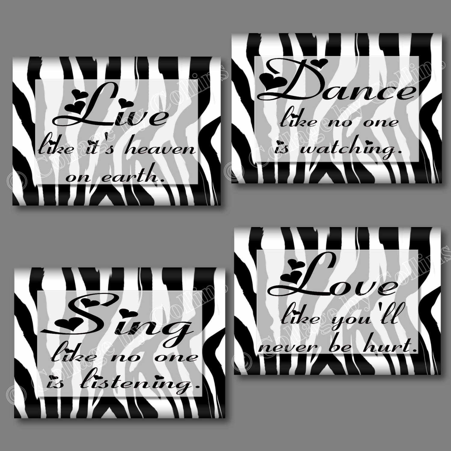 White Black Zebra Print Dance Live Love Sing Quote Art Girl Wall Decor Hearts