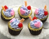 35mm Fake Cupcake with Blue Frosting and Strawberry Decorations or Charms - 2 pc set