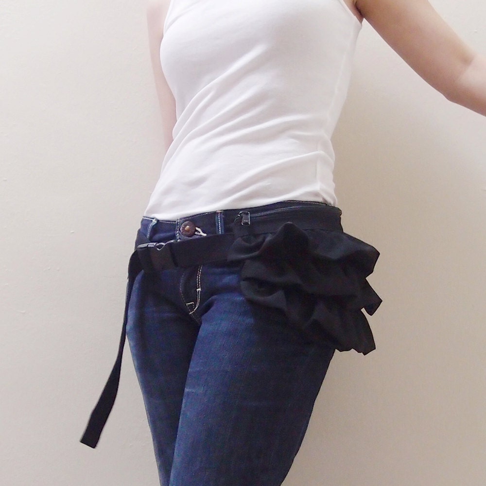 MAY Sale - Black Gathered Canvas/Chiffon Women's Fanny Pack, Hip Bag, Belt pouch, Handbag-Kinies Gathered Waist Purse