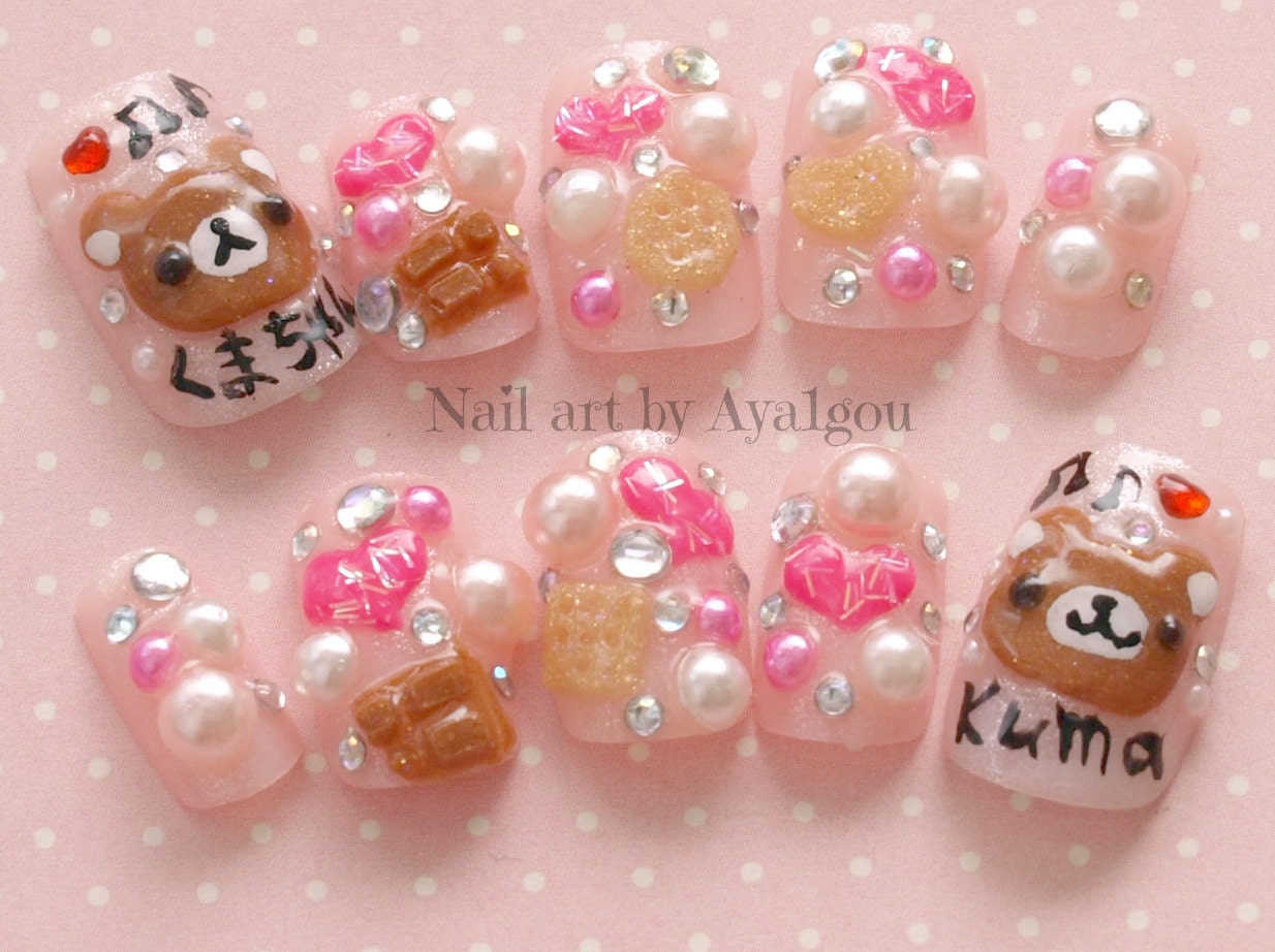 Kawaii nails, Japanese 3D nails, decoden, sweets, kuma, bear, heart, pastel, fairy kei