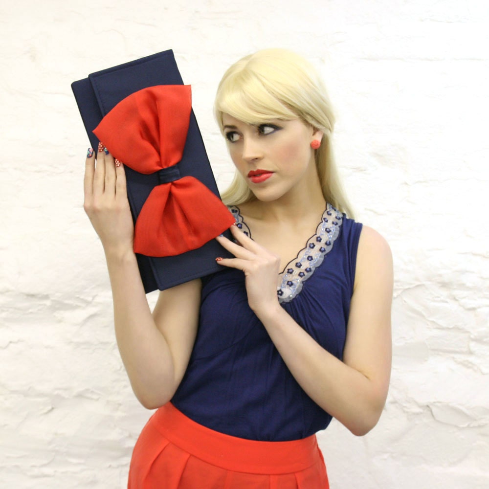 Coral Navy Organza Bow Clutch READY TO SHIP