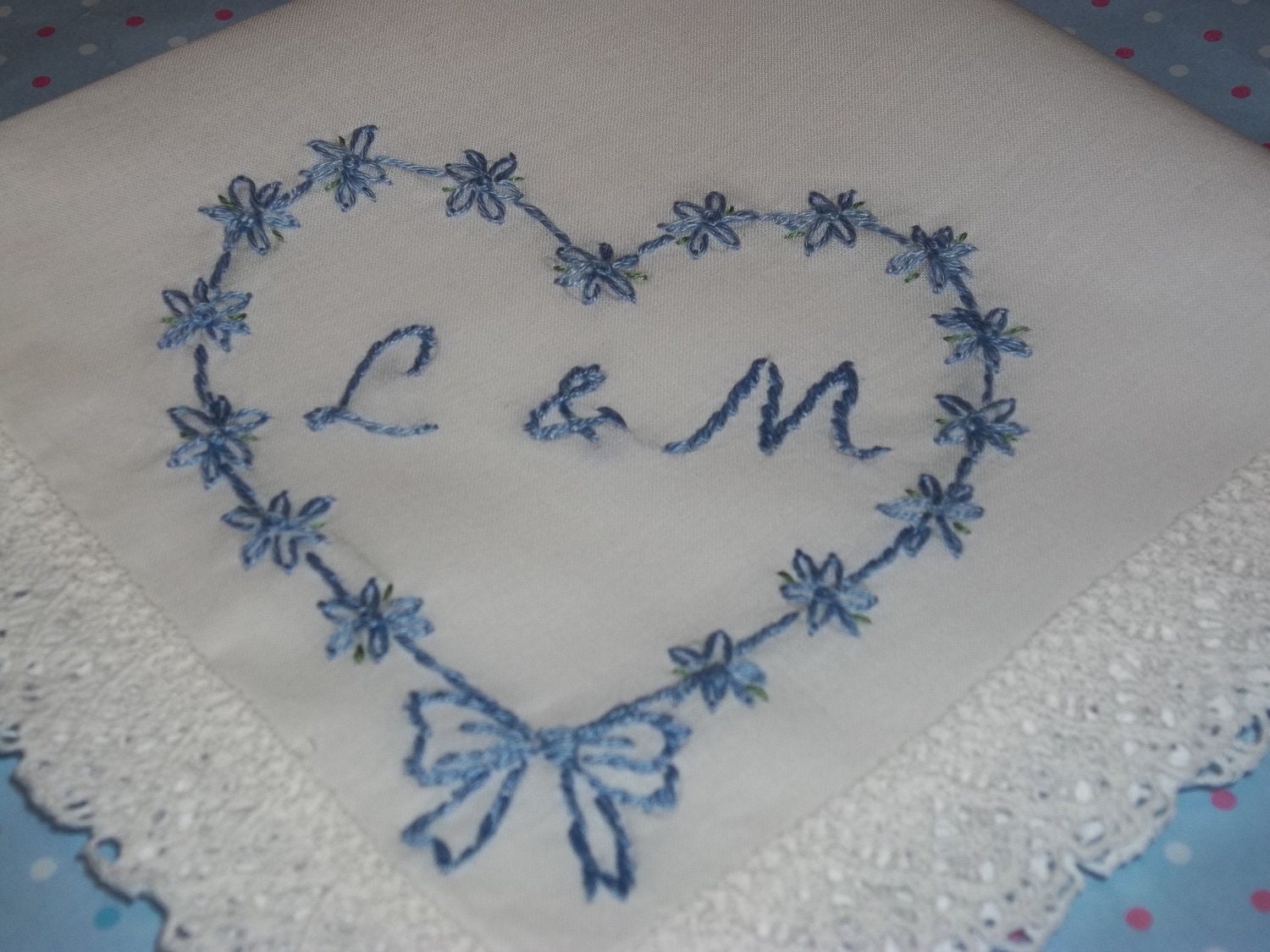 Wedding handkerchief, something blue, bouquet wrap, heart and flowers, bow tie, daisies,hand embroidered, monogram, wedding colors welcome