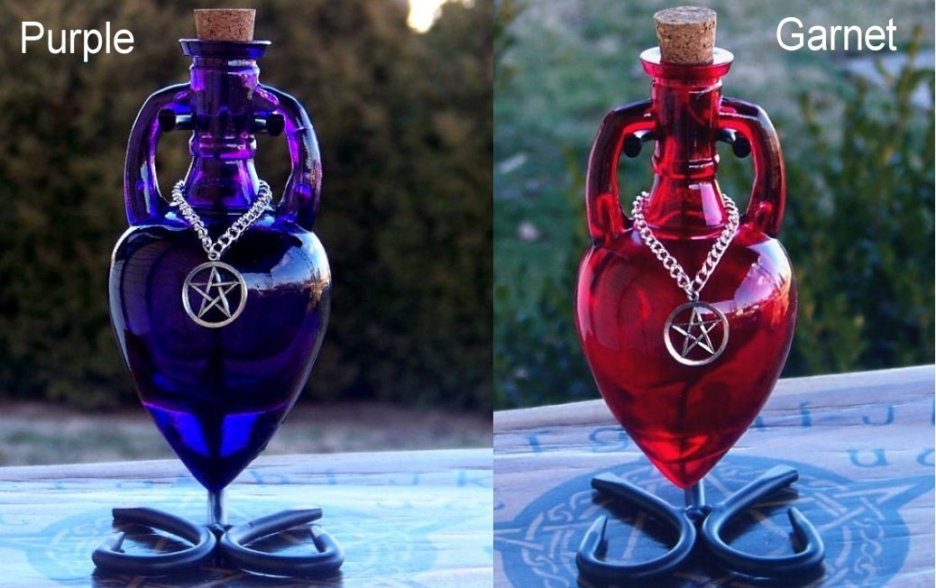 CELTIC WITCH Triquetra Priestess of Avalon Aqua Blue Amphora Magic Potion Bottle, Enchanting Corked Glass Vessel with Sturdy Metal Stand
