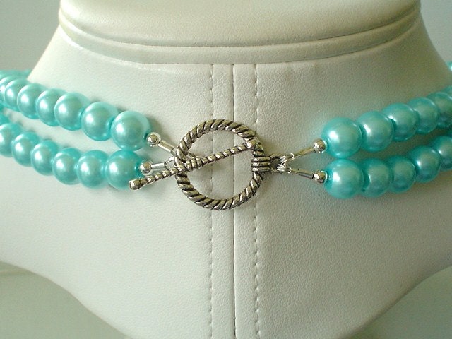 Two Strand Tiffany Blue Pearl with Square Rhinestone Pendant Beaded Necklace and Earring Set Great Brides or Bridesmaid Gifts