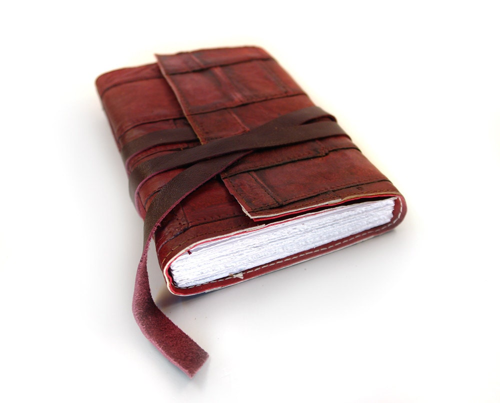 Red Leather Journal Stitched Leather Cover Notebook - Black Cherry