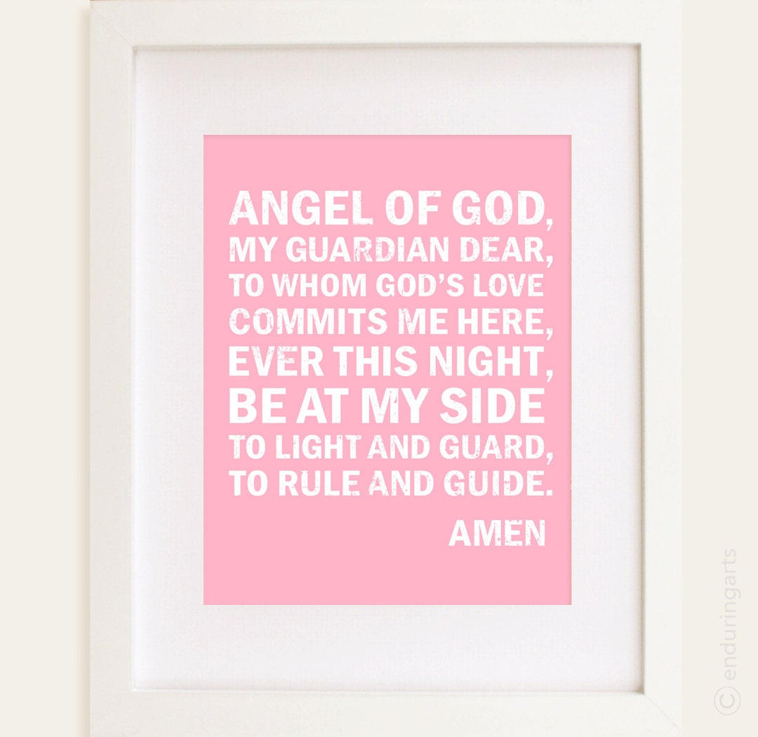 Angel of God Prayer 8x10 Art Print in soft pink and white