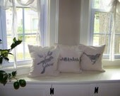 set of 3 bird pillow covers - linen - gray - bird on branch - bird pillow - antique image