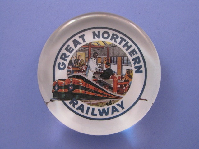 Train Travel Great Northern Railway Advertisement Large Round Glass Paperweight Home Decor